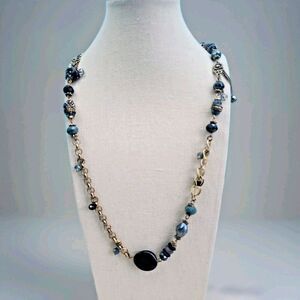 Long Blue & Gold Tone Beaded Statement Necklace Vintage Style Costume Jewelry